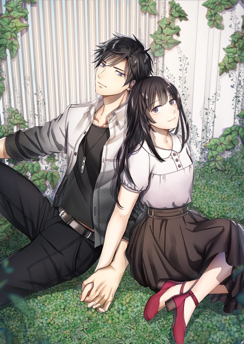 1boy, 1girl, absurdres, black_hair, black_pants, black_shirt, blue_eyes, brown_eyes