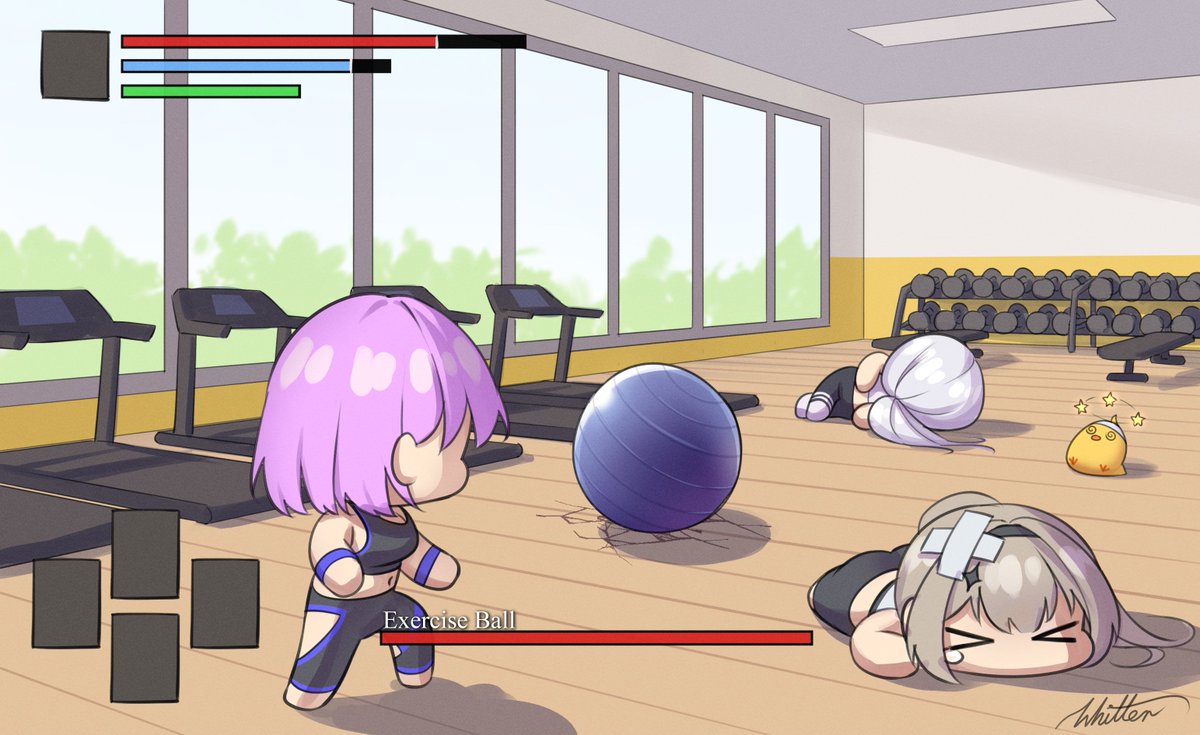 >_<, 3girls, @_@, azur_lane, ball, bandaid, bandaid_on_head, barbell, black_pants, chibi, crossed_bandaids, exercise_ball, fake_screenshot, grey_hair, gym, gym_uniform, health_bar, indoors, kersaint_(azur_lane), kersaint_(reverent_runner)_(azur_lane), lyon_(azur_lane), lyon_(paired_exercise)_(azur_lane), manjuu_(azur_lane), midriff, multiple_girls, official_alternate_costume, painleve_(azur_lane), painleve_(team_stretching)_(azur_lane), pants, purple_hair, short_hair, signature, sports_bra, treadmill, user_interface, white_hair, white_sports_bra, whitter, yoga_pants