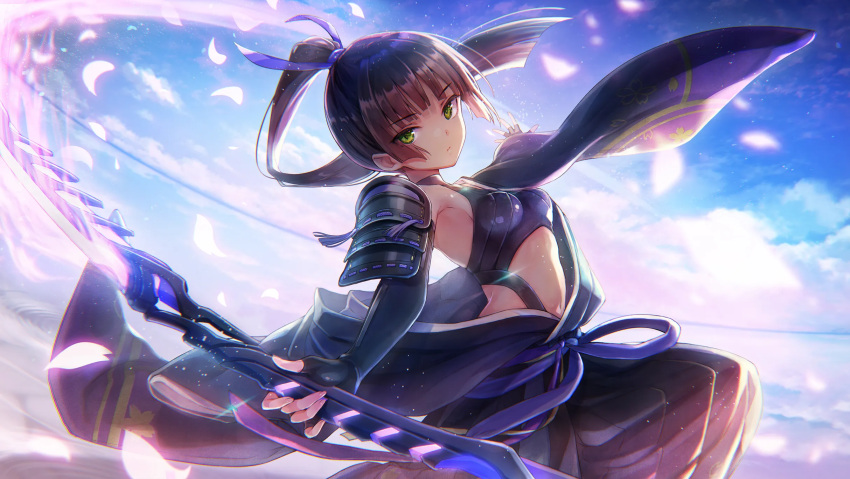1girl, armor, bad_anatomy, black_hair, blue_sky, blunt_bangs, breasts, green_eyes