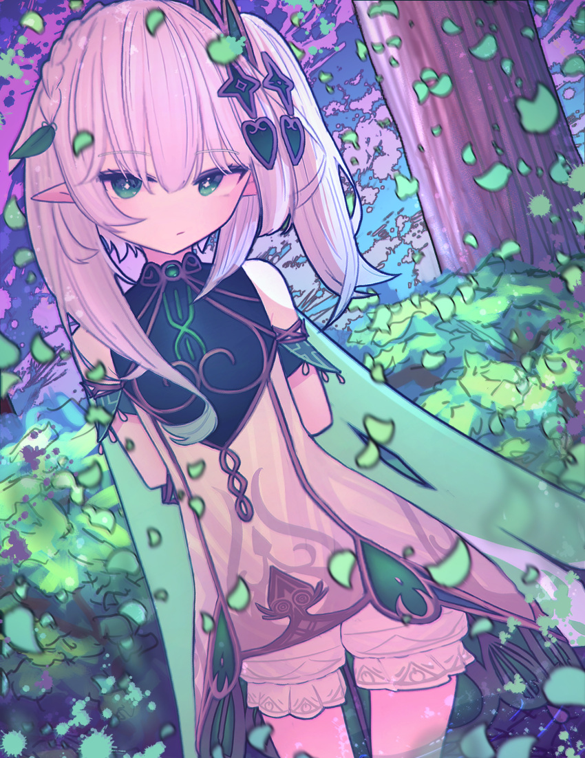 1girl, arms_behind_back, bloomers, braid, bright_pupils, closed_mouth, cowboy_shot, dress
