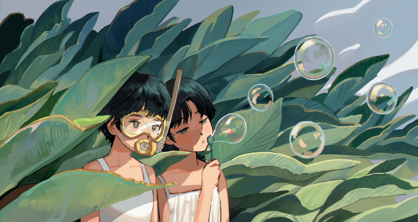 2girls, absurdres, blush, bubble_blowing, bubble_wand, commentary_request, covered_mouth, diving_mask