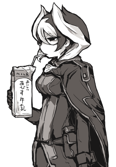 1girl, breasts, cape, drinking_straw, drinking_straw_in_mouth, hair_between_eyes, holding_carton, jacket