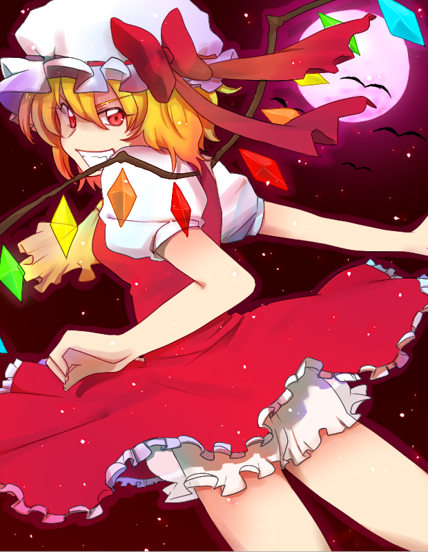 bat, blonde_hair, bow, dress, fangs, flandre_scarlet, full_moon, hat