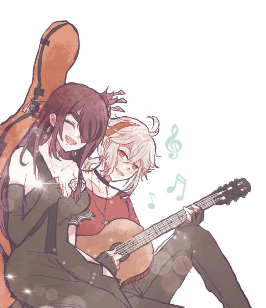 1boy, 1girl, ahoge, beidou_(genshin_impact), black_gloves, closed_eyes, couple_hetero, cowboy_shot