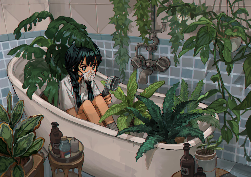 1girl, absurdres, bathroom, bathtub, black_hair, blue_eyes, braid, candle, collared_shirt, commentary_request, covered_mouth, dripping, expressionless, faucet, fern, grey_socks, hair_over_shoulder, hanging_plant, highres, holding, holding_shower_head, hugging_own_legs, jitome, knees_up, long_hair, low_twin_braids, myango_(applemangocrape), no_sclera, original, plant, plant_request, potted_plant, respirator, shampoo_bottle, shirt, short_sleeves, shower_head, sitting, socks, solo, tile_wall, tiles, twin_braids, vines, water_drop, white_shirt