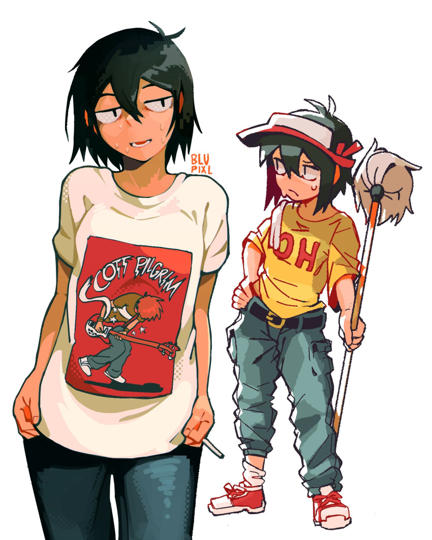 artist_name, baggy_pants, black_eyes, black_hair, blupixl, breasts, commentary, english_commentary