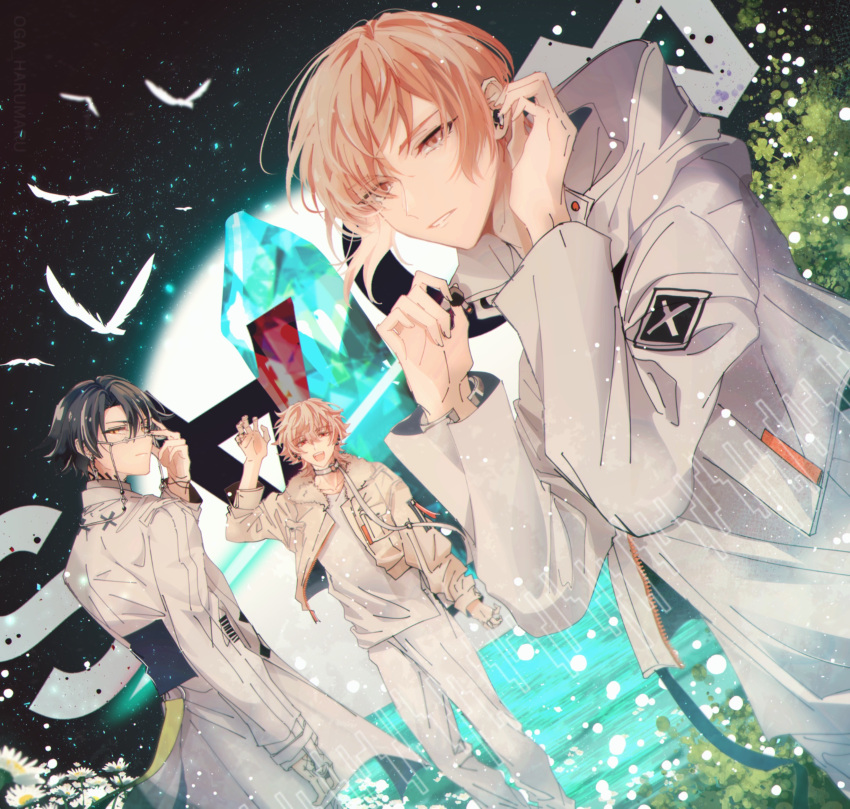 1nm8_(paradox_live), 3boys, absurdres, black_background, black_hair, blue_background, closed_mouth, glasses