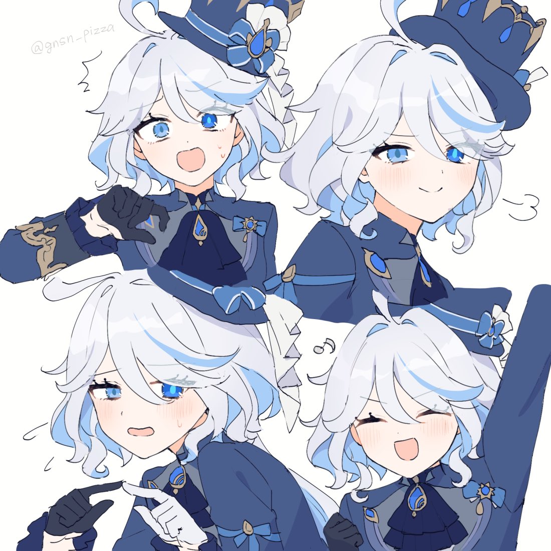 ascot, asymmetrical_gloves, black_ascot, black_gloves, blue_gemstone, blue_hair, blue_headwear, blue_jacket, brooch, cowlick, drop-shaped_pupils, expressions, furina_(genshin_impact), gem, genshin_impact, gloves, gnsn_pizza, happy, hat, jacket, jewelry, light_blue_hair, mismatched_pupils, smug, surprised, top_hat, white_gloves