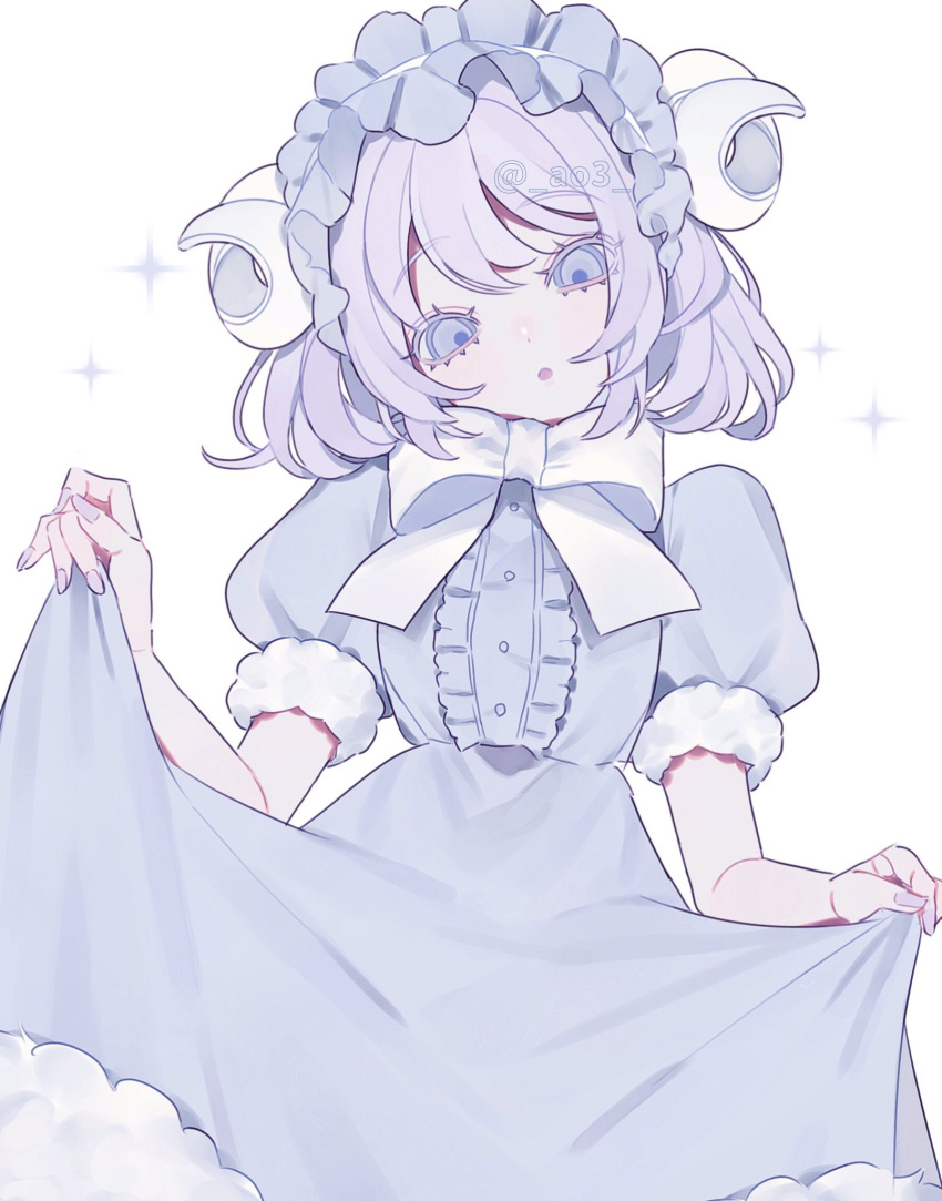 1girl, ao3, blue_dress, blue_eyes, bow, bowtie, center_frills, commission