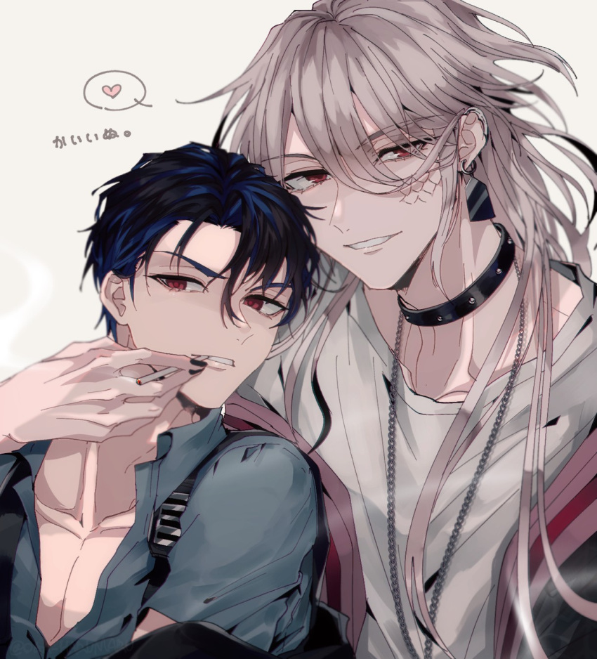2boys, black_choker, black_hair, black_jacket, blue_hair, chain_necklace, choker, cigarette