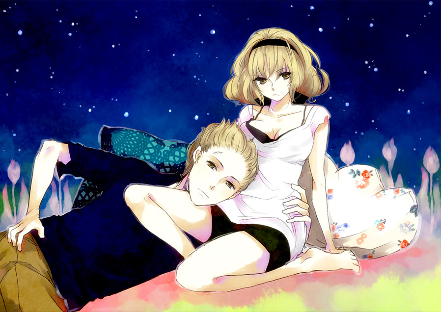 barefoot, belgium_(hetalia), blonde_hair, breasts, brother_and_sister, brown_eyes, cleavage, flower