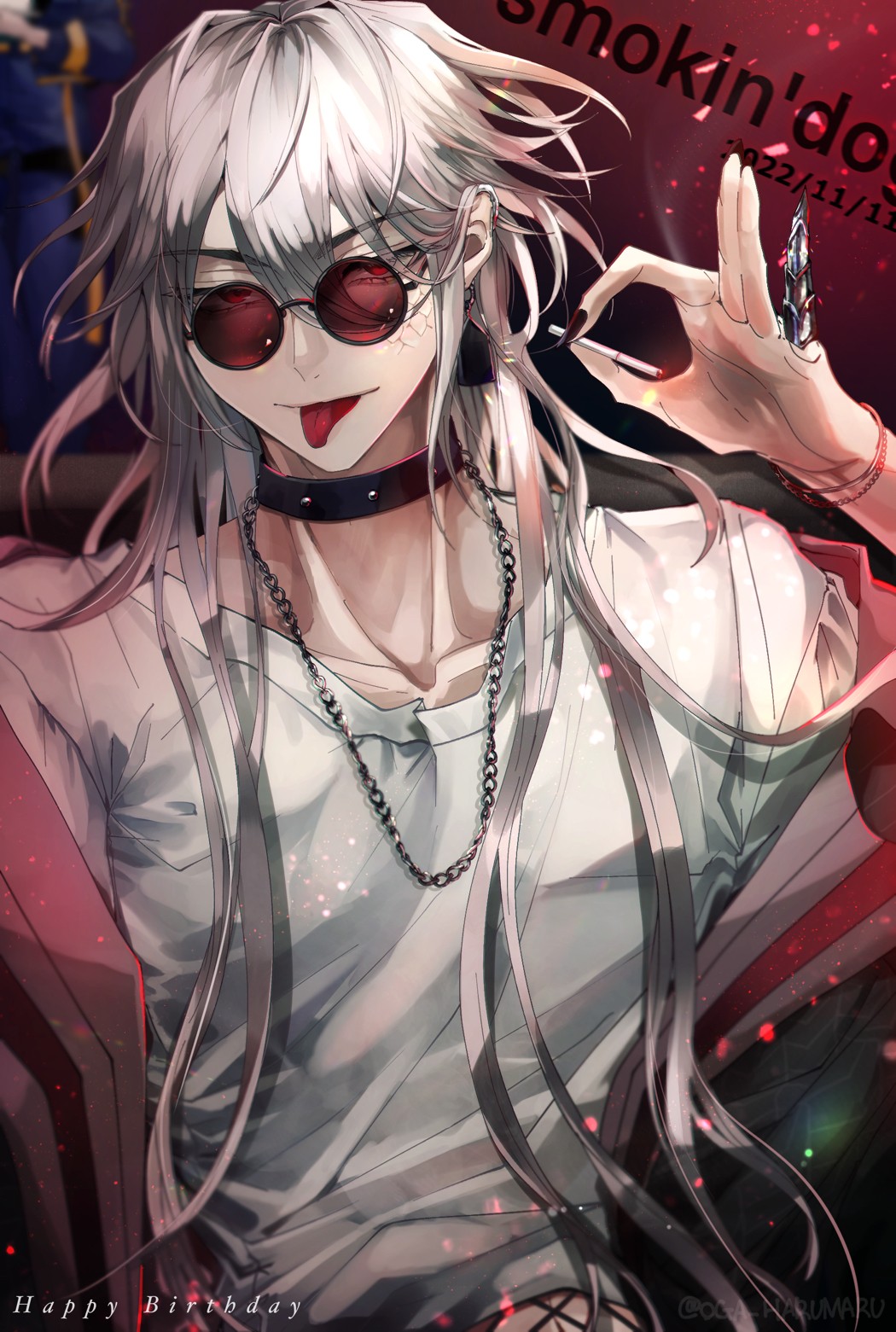 1boy, 2022, black_choker, chain_necklace, choker, cigarette, dated, grey_jacket