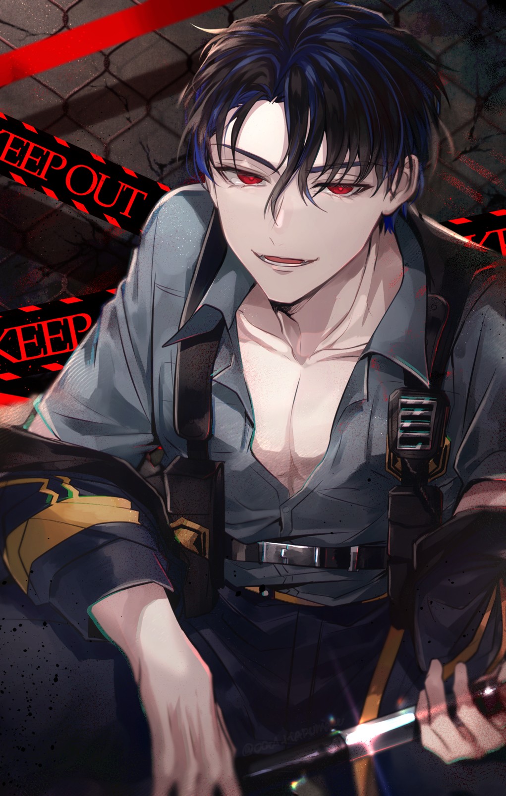 1boy, baton, black_background, black_hair, black_jacket, black_pants, blue_hair, grey_background, grey_shirt, highres, inukai_yuto, jacket, jacket_partially_removed, keep_out, male_focus, multicolored_background, multicolored_hair, open_mouth, pants, paradox_live, phantometal_(paradox_live), red_background, red_eyes, shirt, short_hair, sirofuku414, smirk, solo, teeth