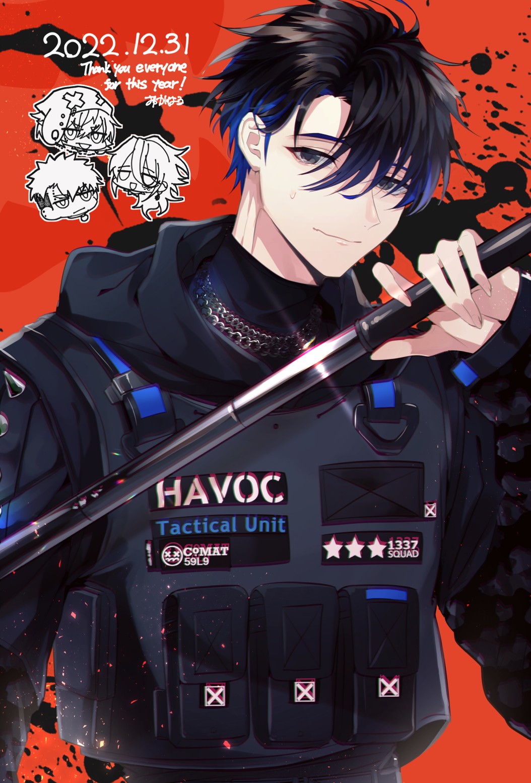 2022, 4boys, baton, black_background, black_hair, blue_hair, dated, goku_luck_(paradox_live), grey_eyes, highres, inukai_yuto, kaida_shion, looking_at_viewer, male_focus, mikoshiba_kenta, multicolored_background, multicolored_hair, multiple_boys, paradox_live, phantometal_(paradox_live), red_background, sirofuku414, tosa_ryoga