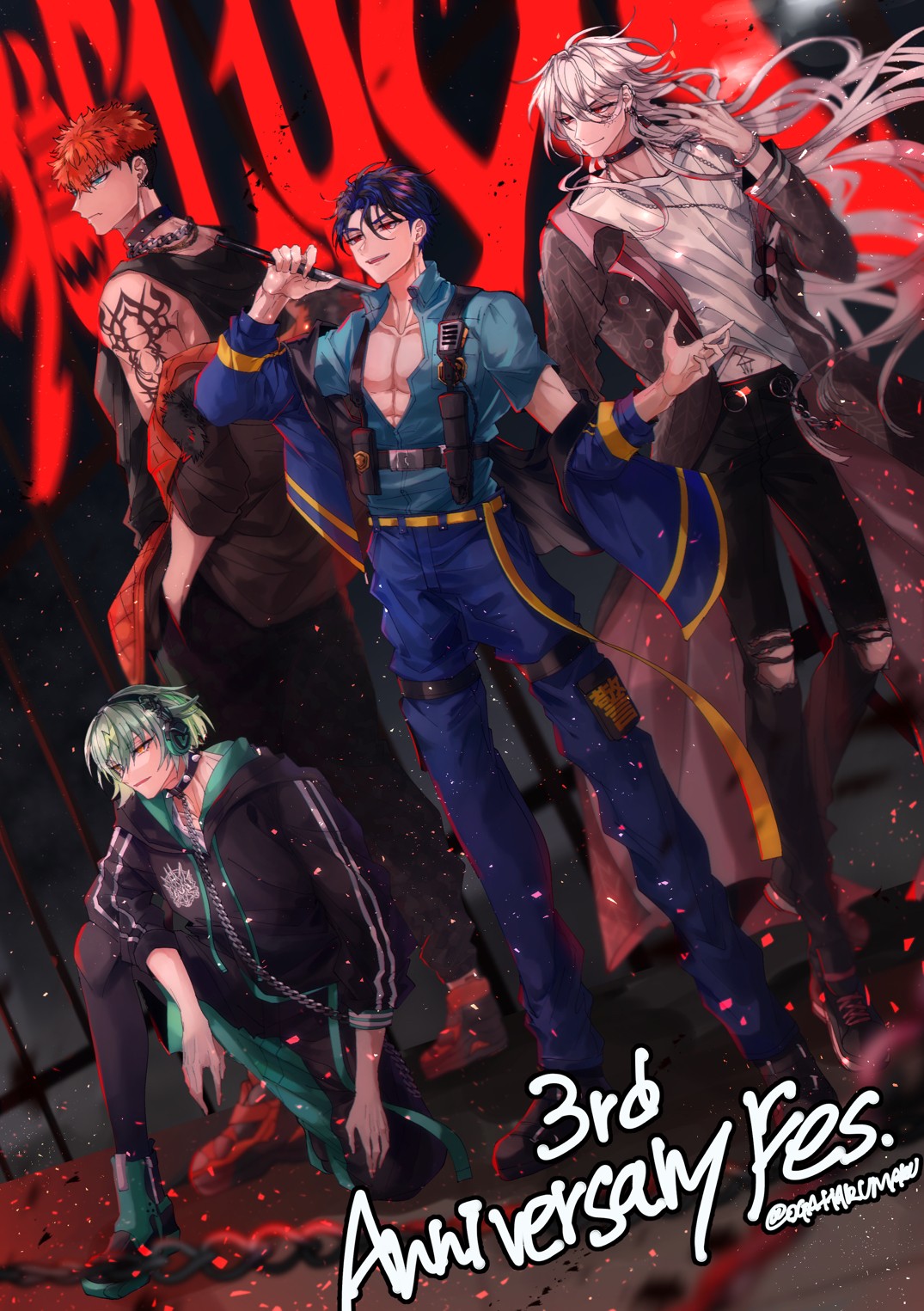 4boys, anniversary, blonde_hair, blue_eyes, blue_hair, brown_hair, cigarette, collar