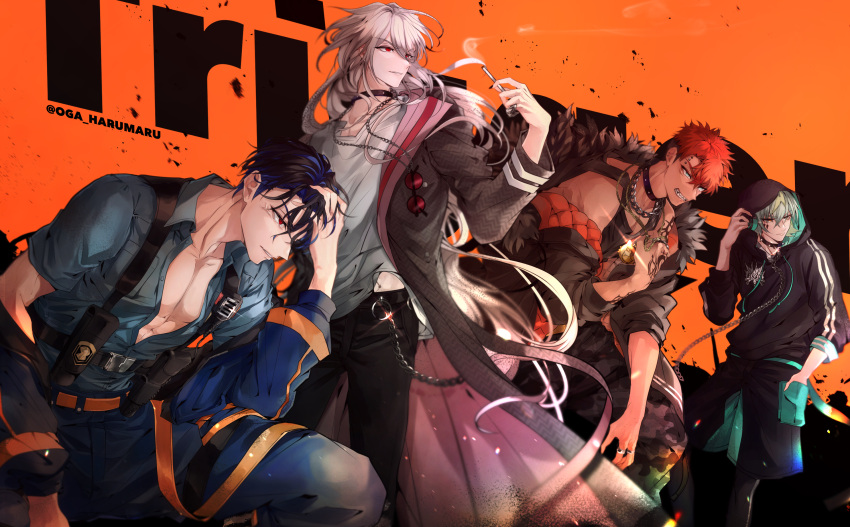 4boys, black_hair, blue_hair, cigarette, facing_to_the_side, goku_luck_(paradox_live), green_hair, highres