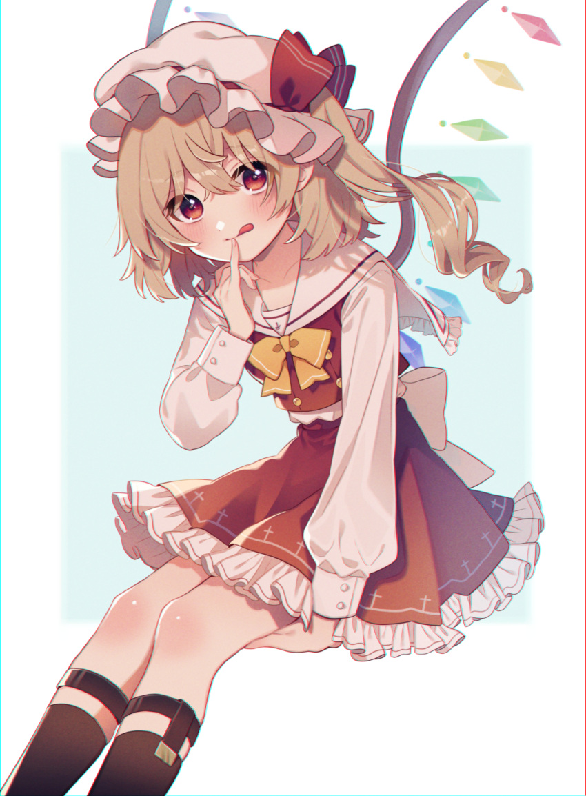 1girl, adapted_costume, black_socks, blonde_hair, crystal, feet_out_of_frame, flandre_scarlet, frilled_skirt