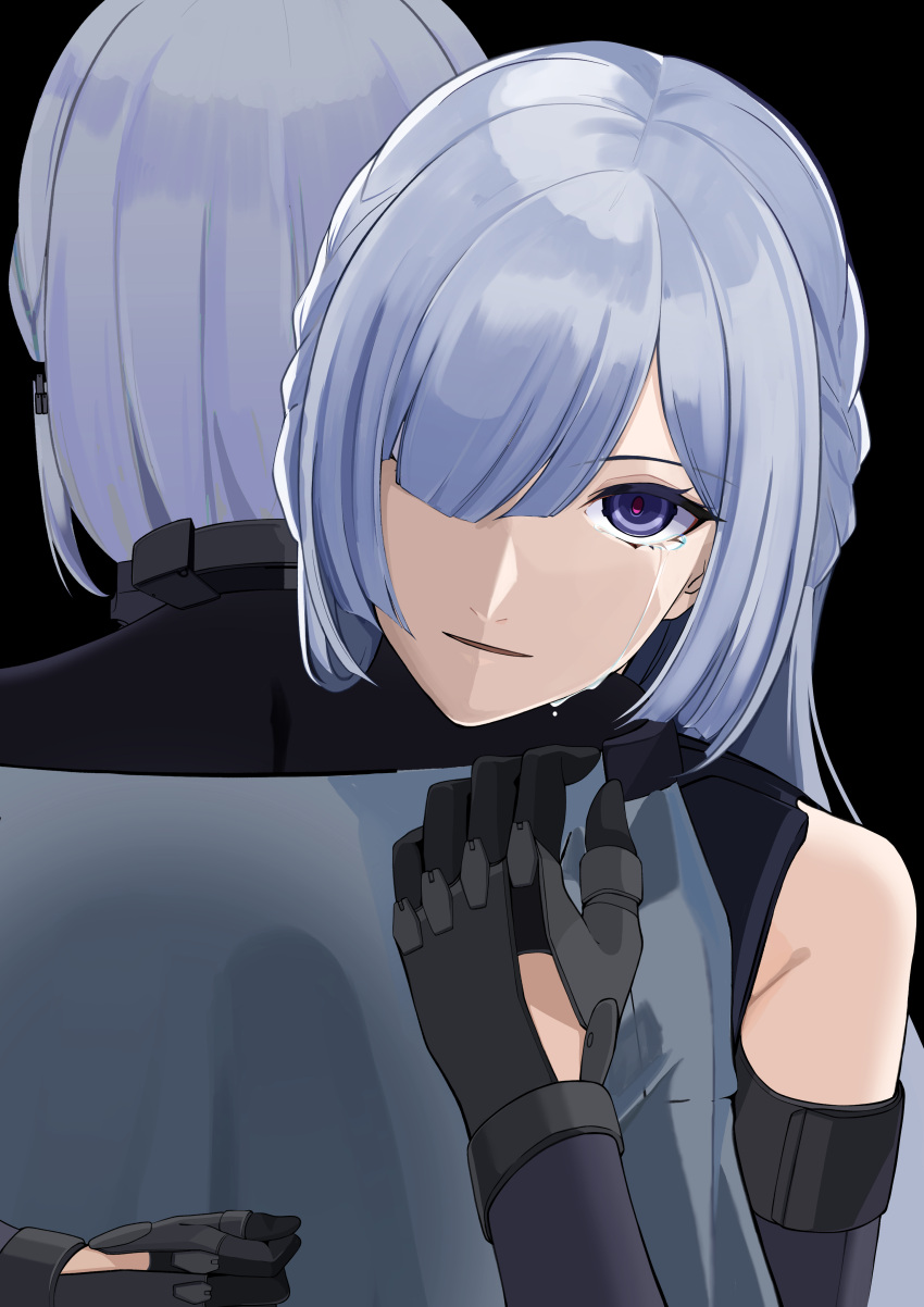 2girls, absurdres, ak-15_(girls'_frontline), artificial_eye, black_background, crying, crying_with_eyes_open, from_behind