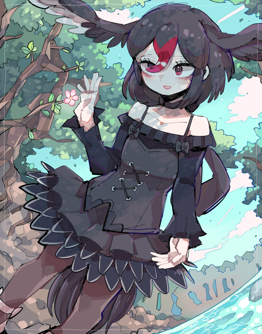 1girl, absurdres, bare_shoulders, bird_girl, bird_tail, bird_wings, black_dress, black_hair