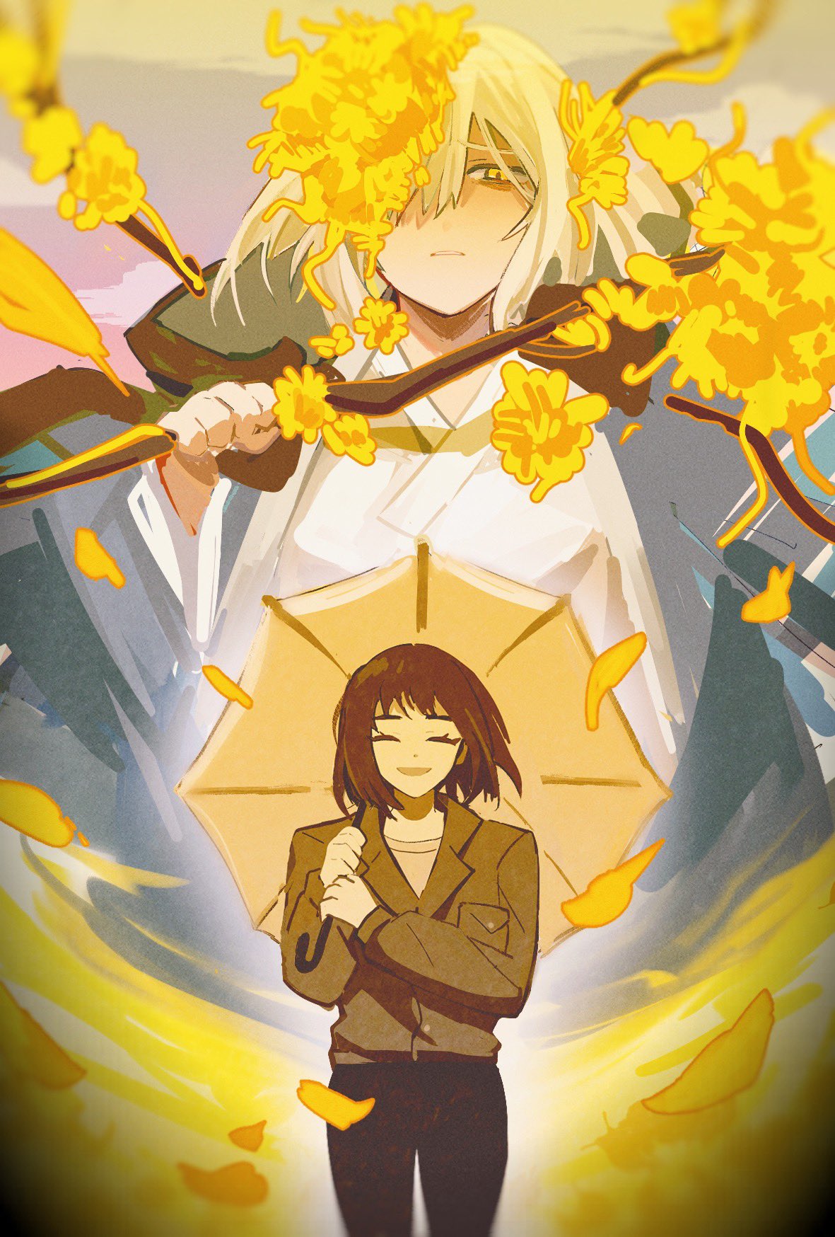 1girl, black_pants, branch, brown_hair, closed_eyes, coat, dongbaek_(limbus_company), green_jacket