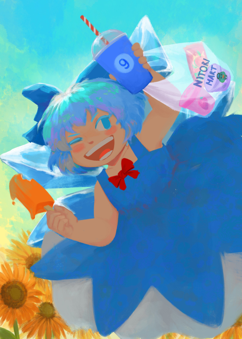 1girl, bare_shoulders, blue_background, blue_bow, blue_dress, blue_eyes, blue_hair, blush_stickers, bow, bowtie, circled_9, cirno, collarbone, cup, detached_wings, disposable_cup, dress, drink, drinking_straw, egguv, english_text, flower, food, hair_bow, highres, holding, holding_cup, holding_drink, holding_food, ice, ice_wings, no_shirt, one_eye_closed, open_mouth, outdoors, pinafore_dress, red_bow, red_bowtie, short_hair, simple_background, sleeveless, sleeveless_dress, solo, sunflower, teeth, touhou, wings, yellow_flower