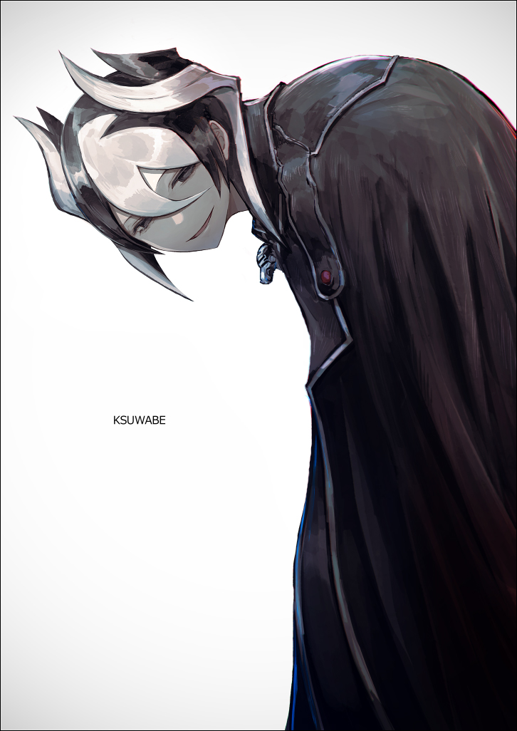 1girl, black_cape, black_eyes, black_hair, cape, collared_cloak, hair_between_eyes, hunchback