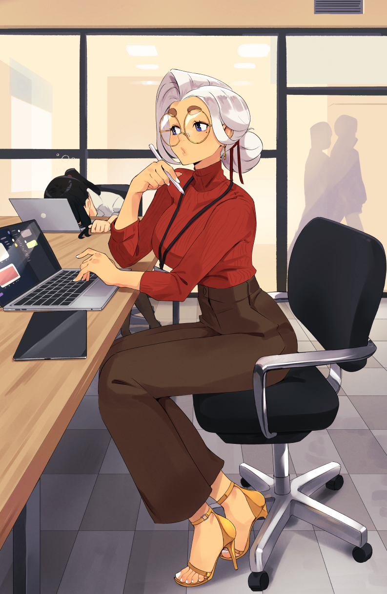 2girls, blue_eyes, breasts, brown_pants, computer, glasses, hair_bun, high_heels