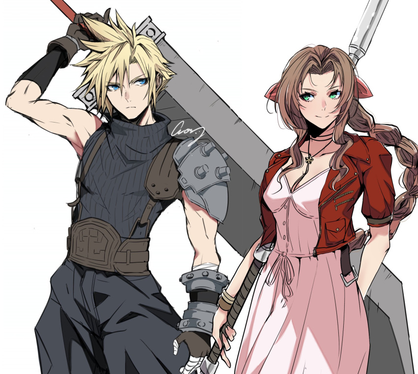 aerith_gainsborough, armor, blonde_hair, blue_eyes, braid, brown_hair, buster_sword, cloud_strife