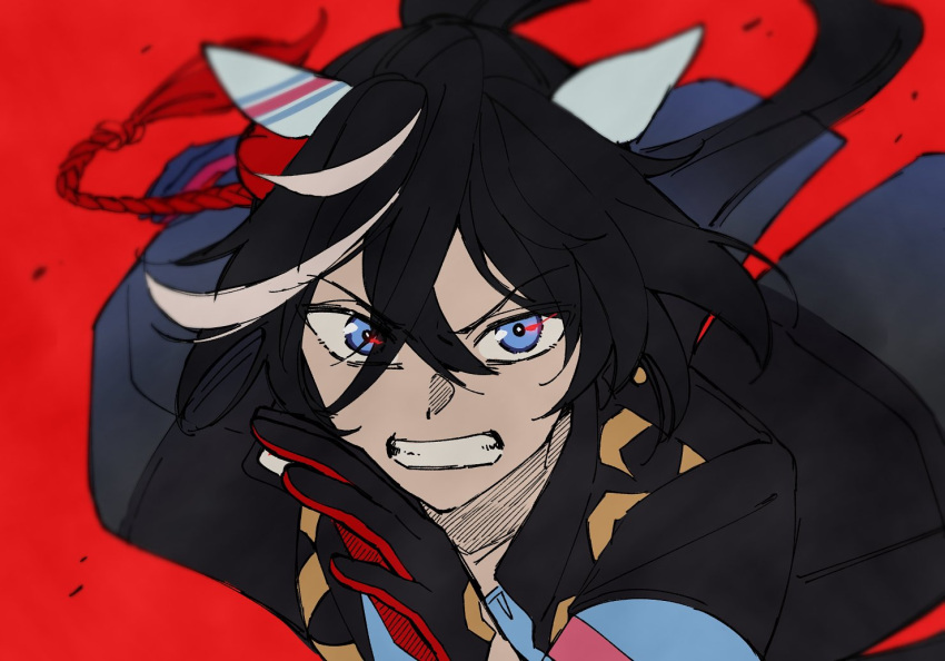1girl, animal_ears, black_coat, black_gloves, black_hair, blue_eyes, blurry, clenched_teeth