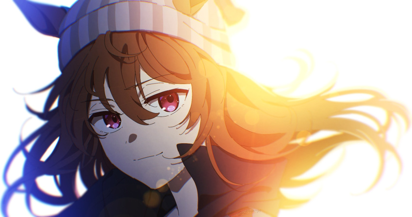 1girl, animal_ears, beanie, black_jacket, brown_hair, closed_mouth, ears_through_headwear, floating_hair