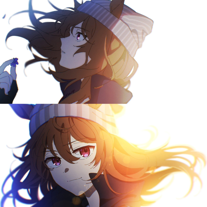 1girl, animal_ears, beanie, black_gloves, black_jacket, brown_hair, closed_mouth, ears_through_headwear