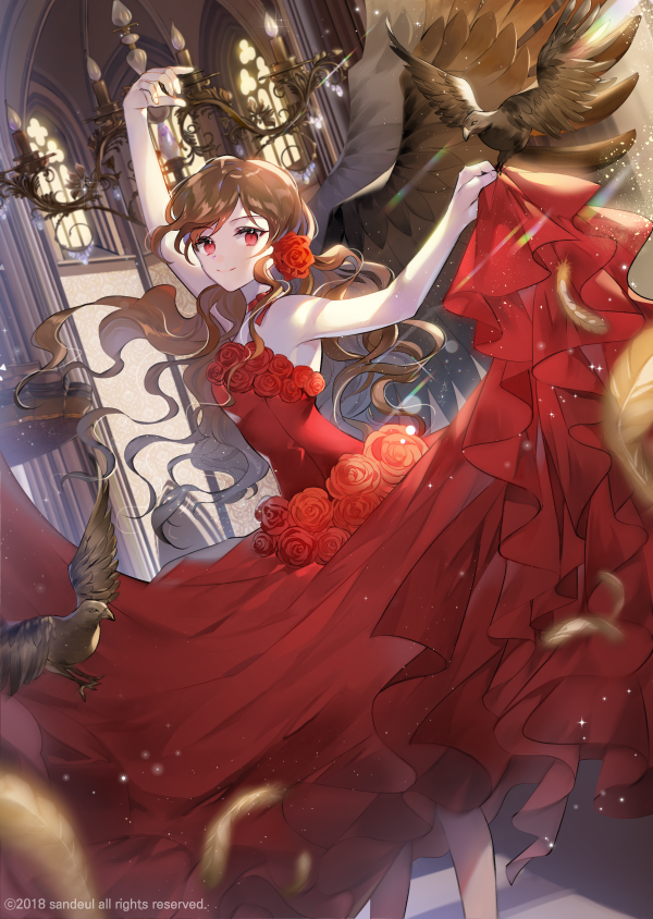 1girl, arm_up, bird, bird_on_hand, brown_hair, brown_wings, chandelier, choker