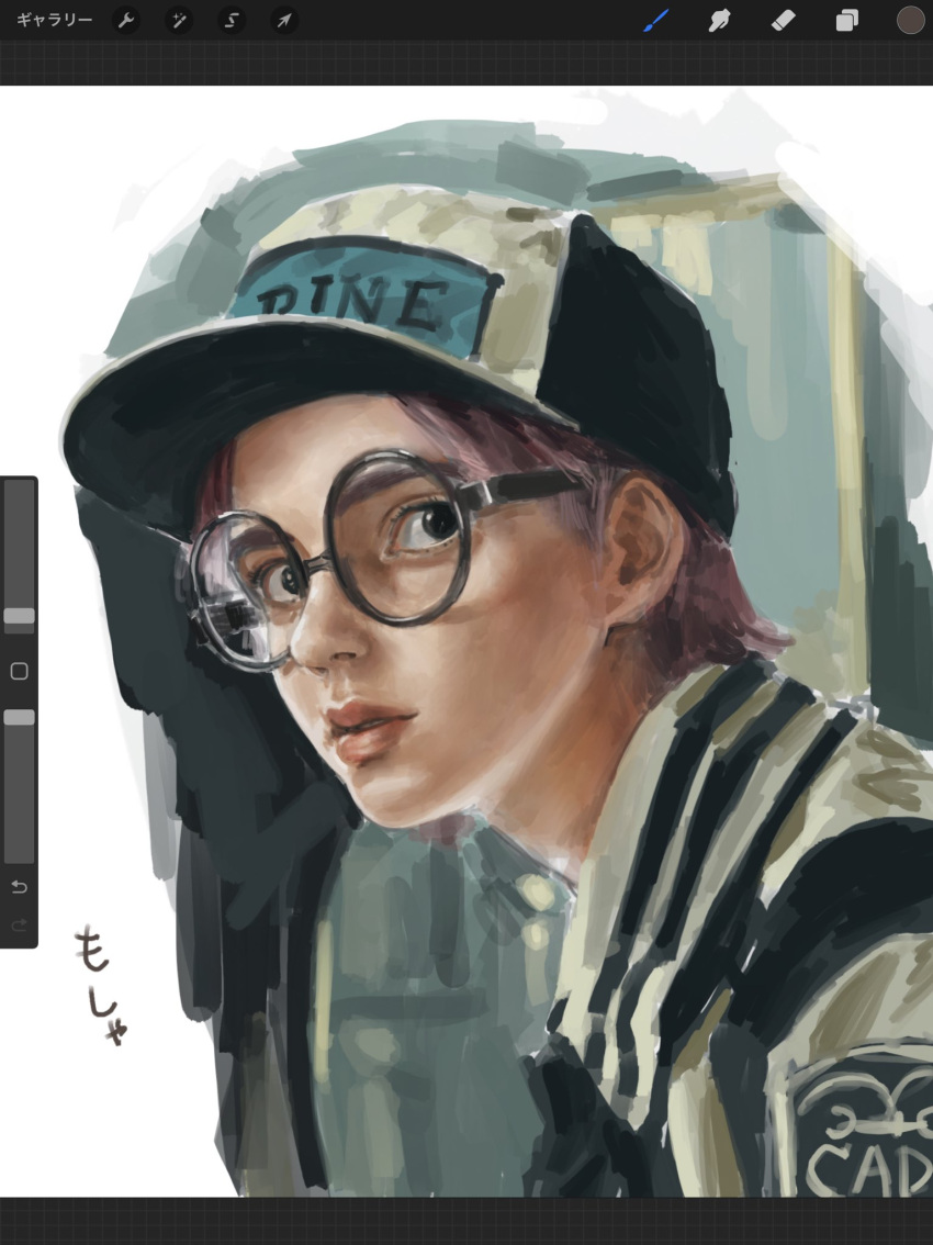 1boy, art_program_in_frame, baseball_cap, clothes_writing, commentary_request, glasses, hat, highres, koby_(one_piece), live_action, looking_at_viewer, male_focus, marine_uniform_(one_piece), one_piece, painterly, pink_hair, procreate_(medium), procreate_(software), realistic, round_eyewear, short_hair, solo, unfinished, upper_body, urasanmyaku