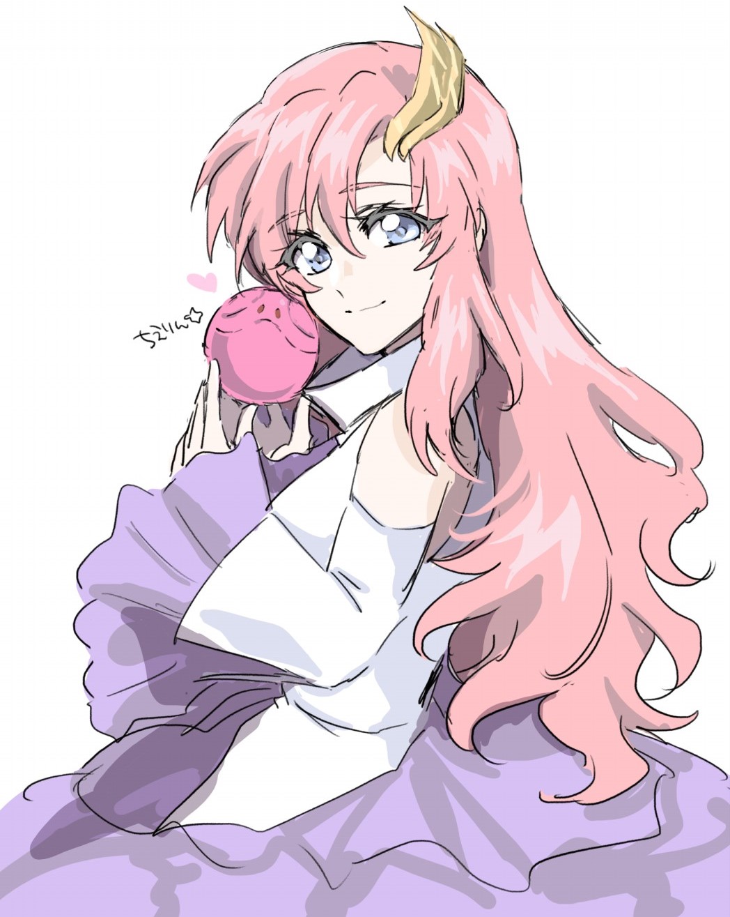 1girl, blue_eyes, breasts, detached_sleeves, gundam, gundam_seed, hair_behind_ear, haro