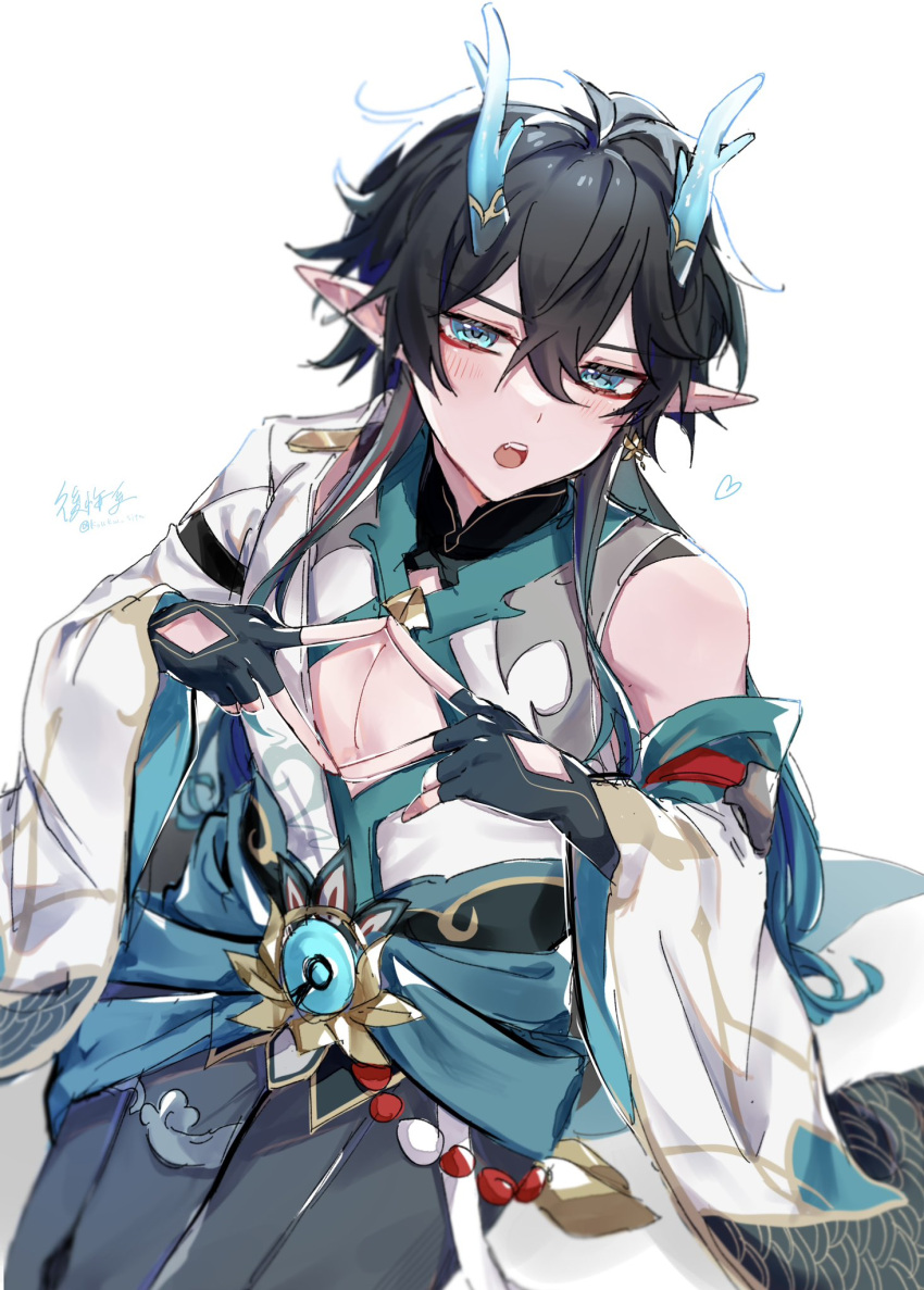 1boy, bare_shoulders, black_gloves, black_hair, blush, chinese_clothes, colored_inner_hair, dan_heng_(honkai:_star_rail)