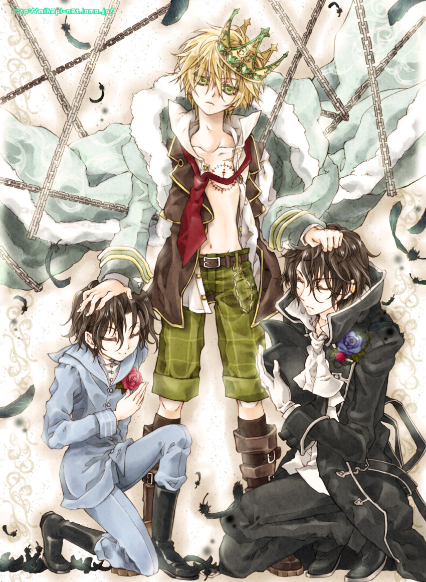 blonde_hair, boots, chain, crown, dual_persona, feathers, flower, formal, gilbert_nightray, gloves, green_eyes, highres, kneeling, mikepi, open_clothes, oz_vessalius, pandora_hearts, rose, smile, trench_coat, trenchcoat