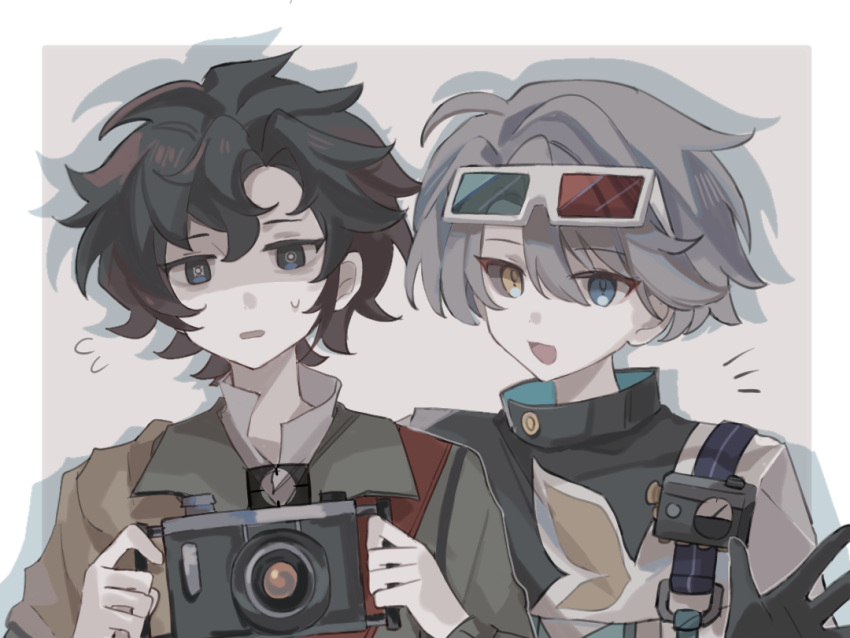 2boys, 3d_glasses, :d, black_coat, black_eyes, black_hair, black_sclera, blue_eyes