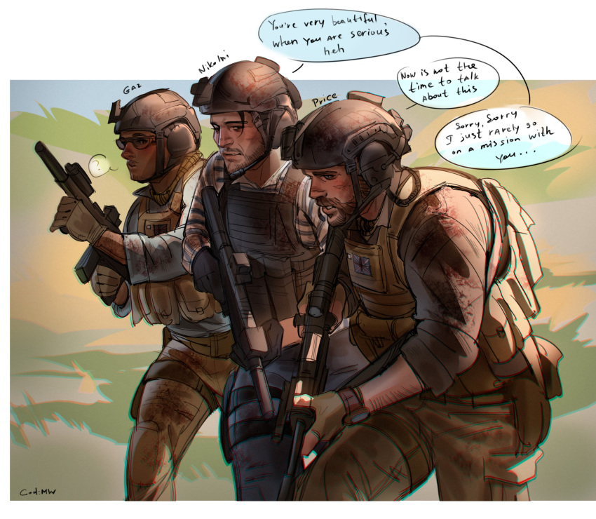 3boys, beard, black_gloves, black_pants, brown_gloves, brown_jacket, brown_pants, bulletproof_vest, call_of_duty, call_of_duty:_modern_warfare_2, captain_price, character_name, copyright_name, dark-skinned_male, dark_skin, english_text, facial_hair, fingerless_gloves, gaz_(call_of_duty_4), gloves, grey_jacket, gun, helmet, highres, holding, holding_gun, holding_weapon, jacket, looking_at_another, male_focus, multiple_boys, nikolai_(modern_warfare), pants, sasha_shkret, shirt, short_hair, watch, watch, weapon, white_shirt