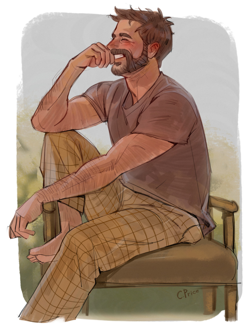 1boy, arm_hair, barefoot, beard, black_hair, blush, brown_pants, brown_shirt