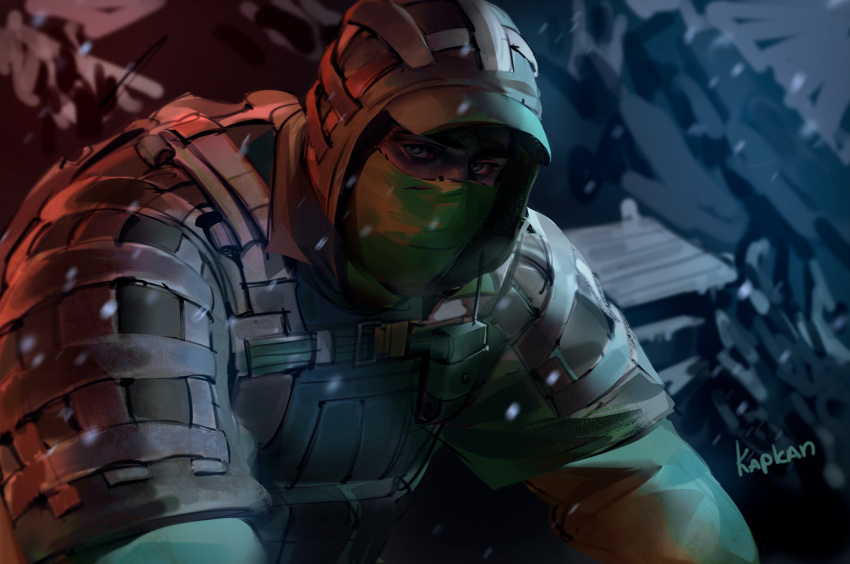 1boy, backpack, bag, bulletproof_vest, character_name, green_jacket, hat_under_hood, highres