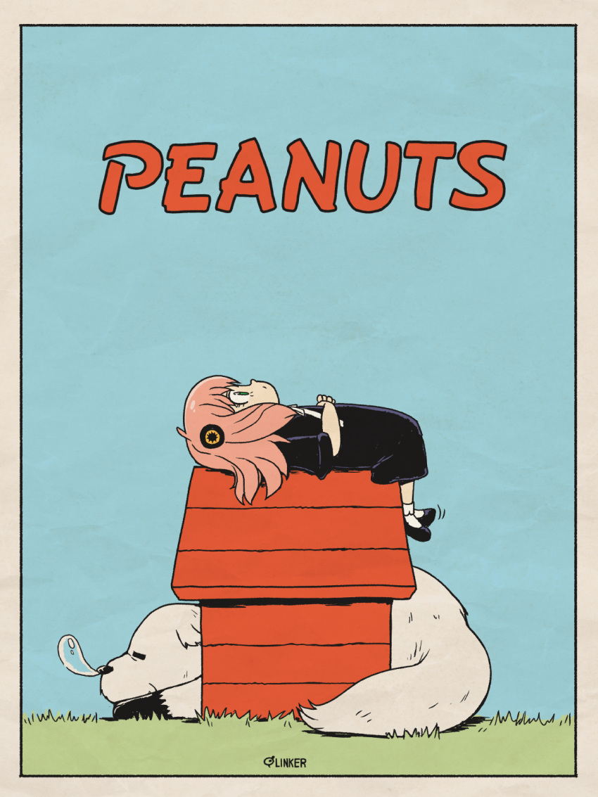 1girl, animal, anya_(spy_x_family), artist_name, black_dress, blue_sky, bond_(spy_x_family), border, child, closed_eyes, closed_mouth, dog, doghouse, dress, from_side, full_body, green_eyes, hand_rest, highres, linker, looking_up, lying, medium_hair, nose_bubble, on_back, parody, peanuts, pink_hair, shoes, sky, sleeping, spy_x_family, white_border
