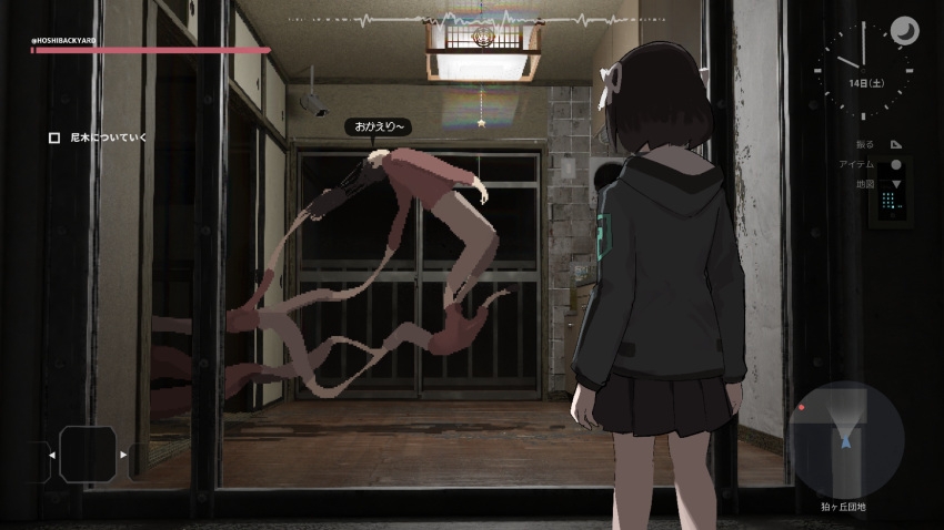 balcony, black_hair, button_prompt, ceiling_light, fake_screenshot, gameplay_mechanics, green_jacket, hair_ribbon