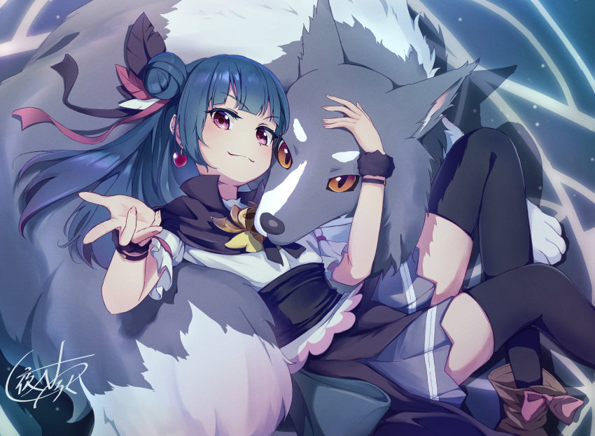 1girl, :3, absurdres, black_cape, black_hair, black_scrunchie, black_thighhighs, blunt_bangs