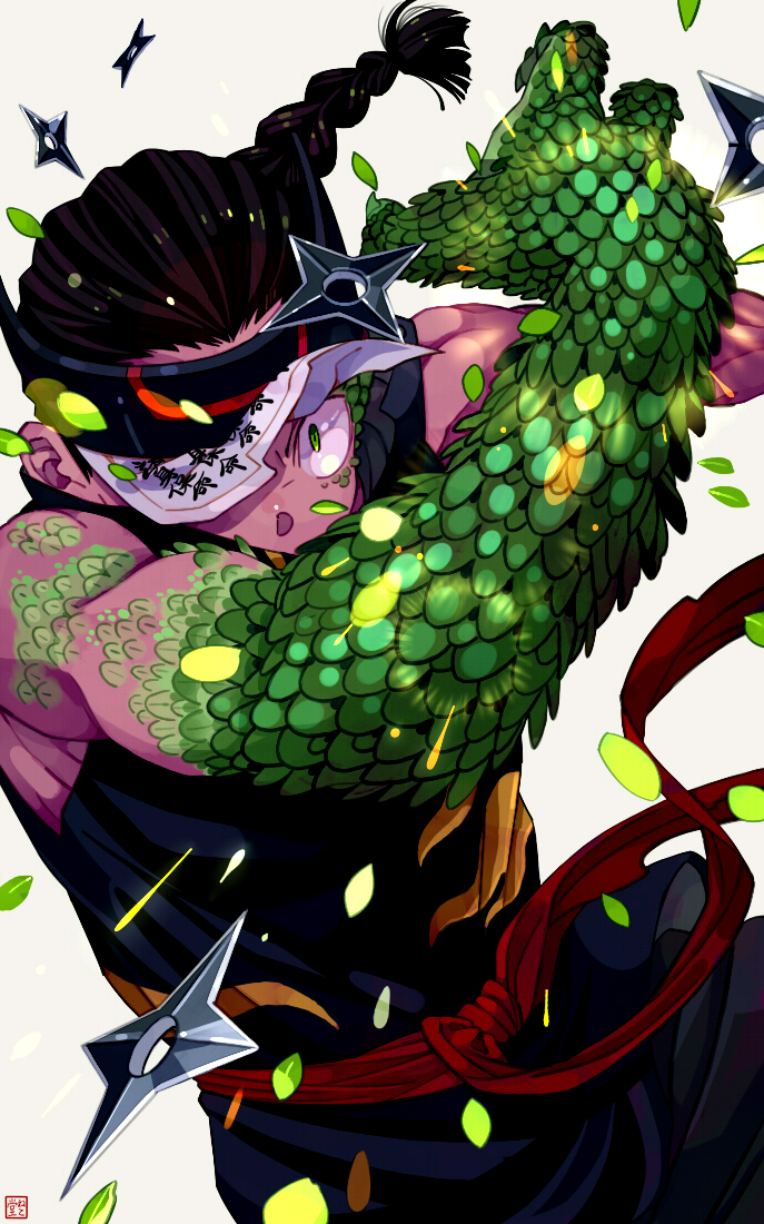 1boy, blue_shirt, boku_no_hero_academia, brown_hair, covered_mouth, green_eyes, green_scales, hair_slicked_back