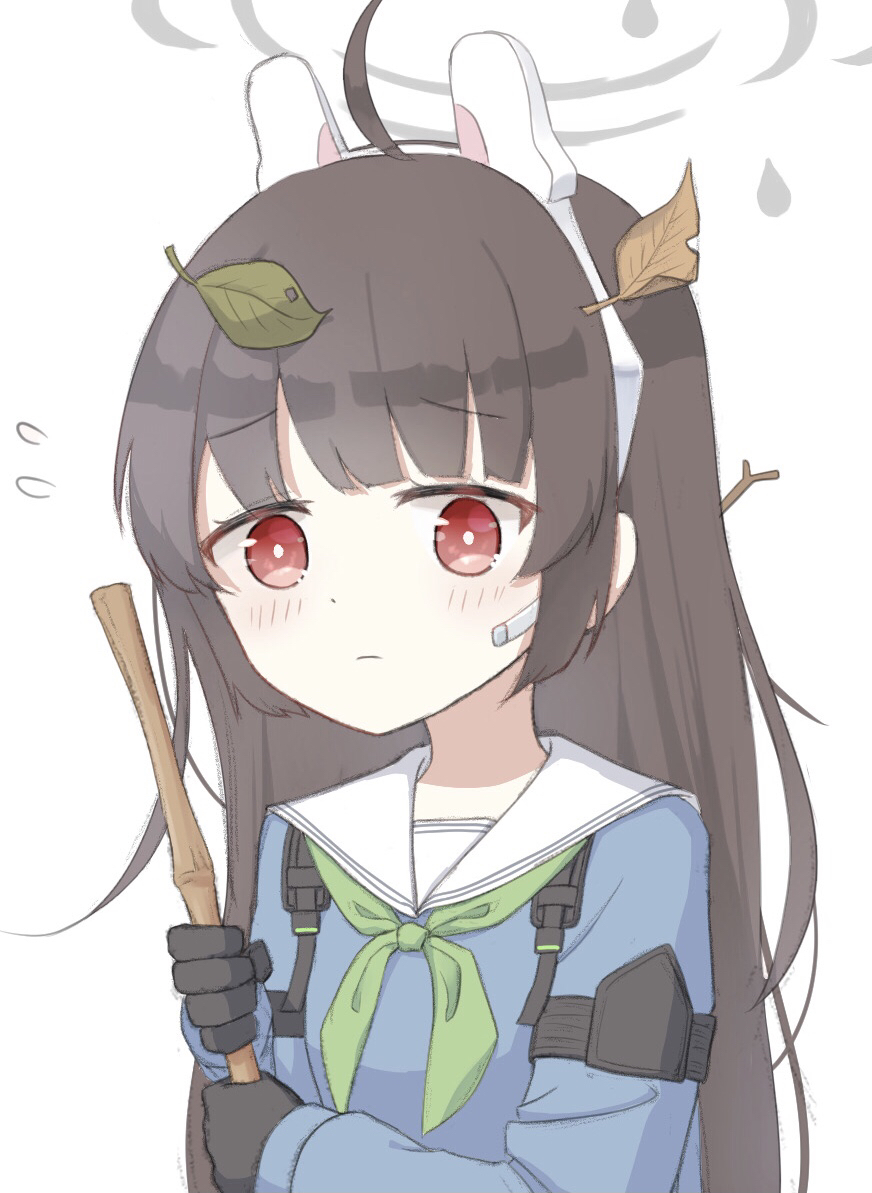 1girl, animal_ears, black_hair, blue_archive, blue_serafuku, commentary_request, fake_animal_ears, halo