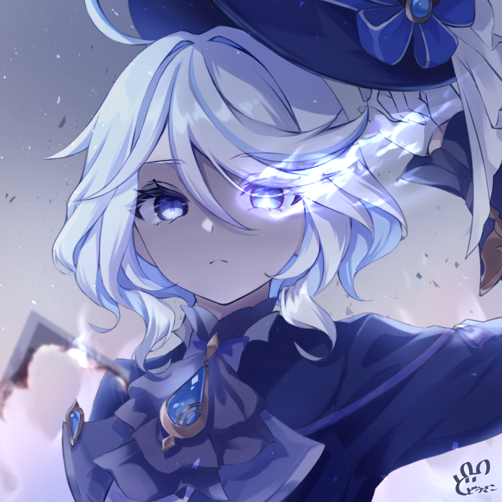 1girl, ahoge, blue_eyes, blue_gemstone, burnt, dodosako, flaming_eye, furina_(genshin_impact)