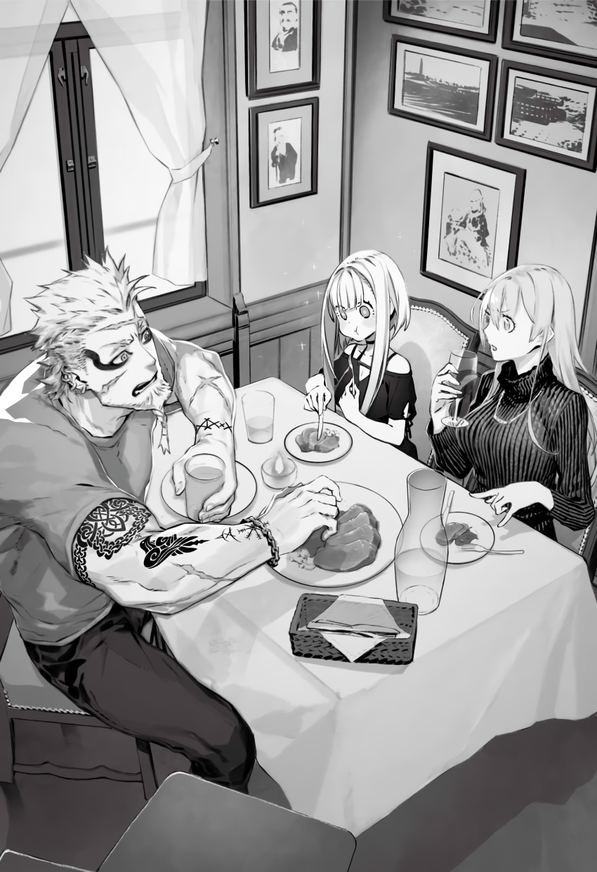 1boy, 2girls, absurdres, aslaug_(fate), breasts, chair, cross_scar, drink