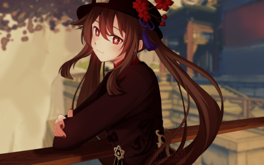 1girl, absurdres, bad_source, black_headwear, black_nails, brown_hair, crossed_arms, flower