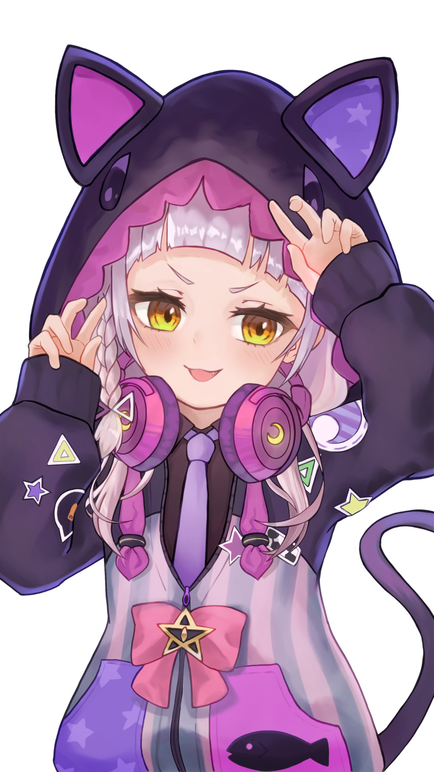 1girl, absurdres, animal_ears, animal_hood, blunt_bangs, blush, braid, cat_hood