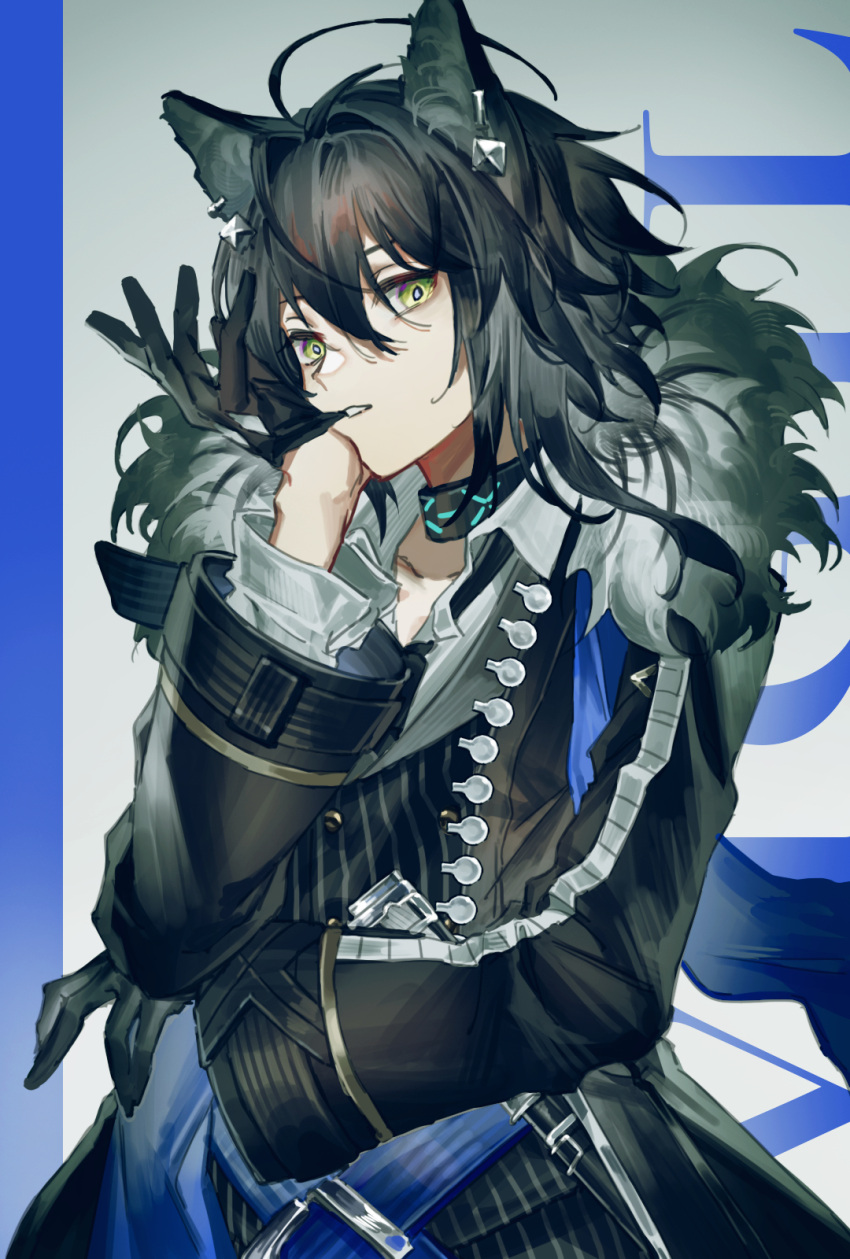 1boy, animal_ears, arknights, biting, black_coat, black_gloves, black_hair, choker